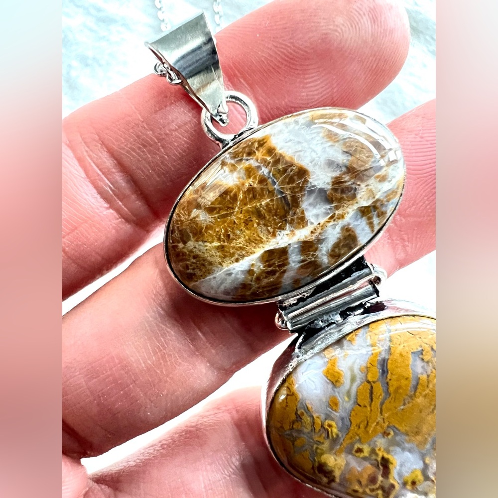 925 Double Yellow Moss Agate Pendant Necklace - Picture 6 of 8